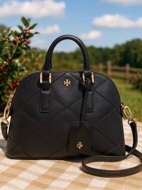 Tory Burch Black Quilted Dome Satchel with Gold Hardware